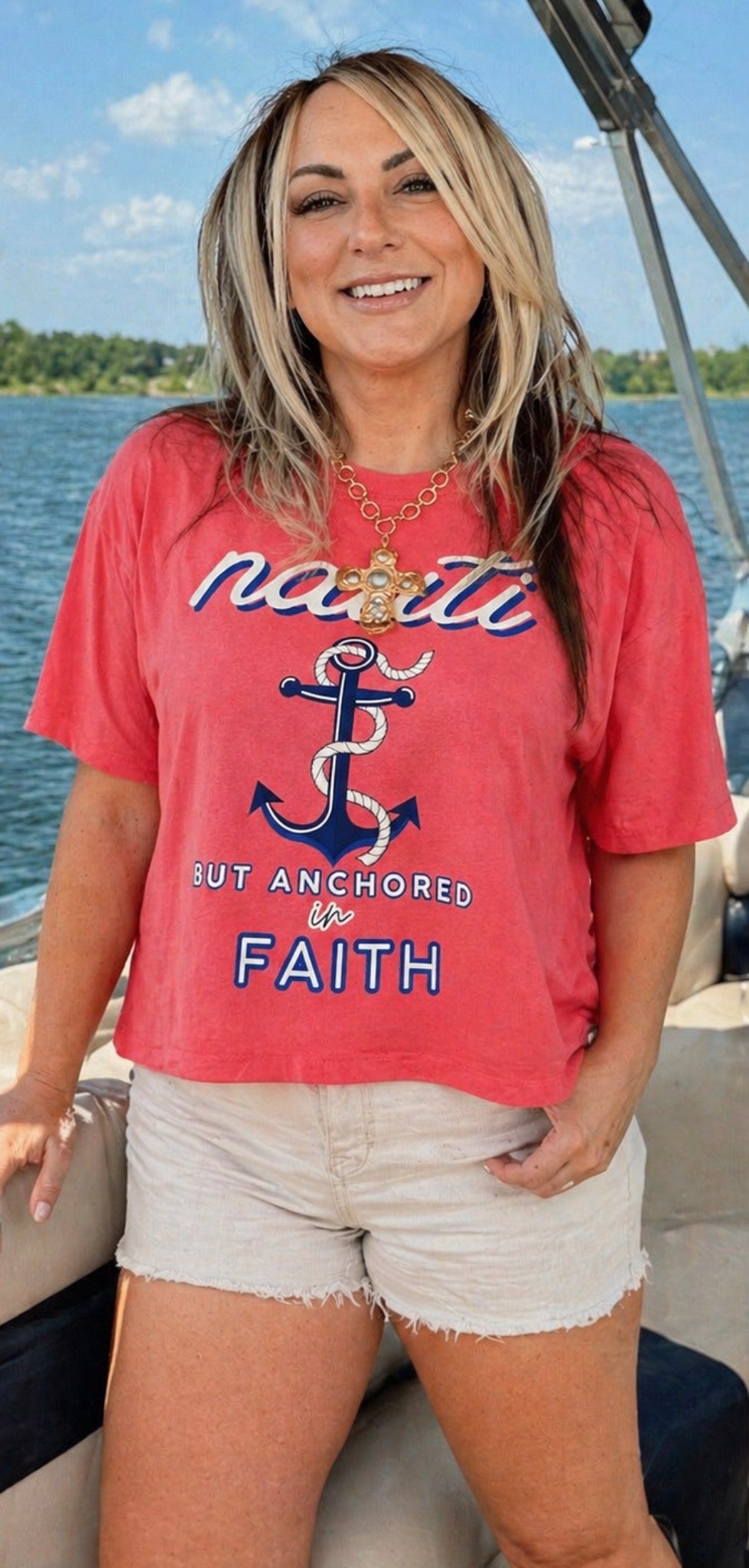 Nauti But Anchored in Faith Midi-Length Ladies T-Shirt