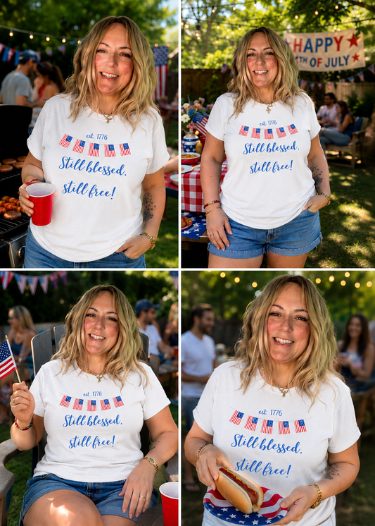 Still Blessed, Still Free! Patriotic T-Shirt by Knitted Grace