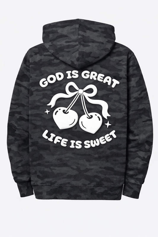 God Is Great Life Is Sweet Puff Print Hoodie