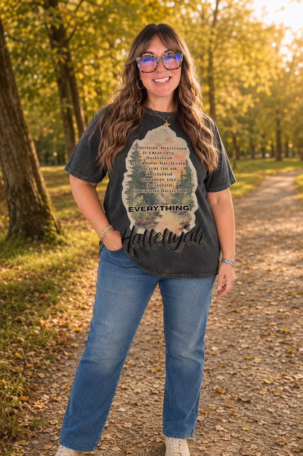 Everything Hallelujah Comfort Colors Pepper Vintage Forest Sunset Graphic Tee by Knitted Grace