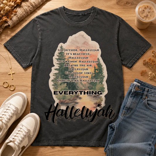 Everything Hallelujah Comfort Colors Pepper Vintage Forest Sunset Graphic Tee by Knitted Grace