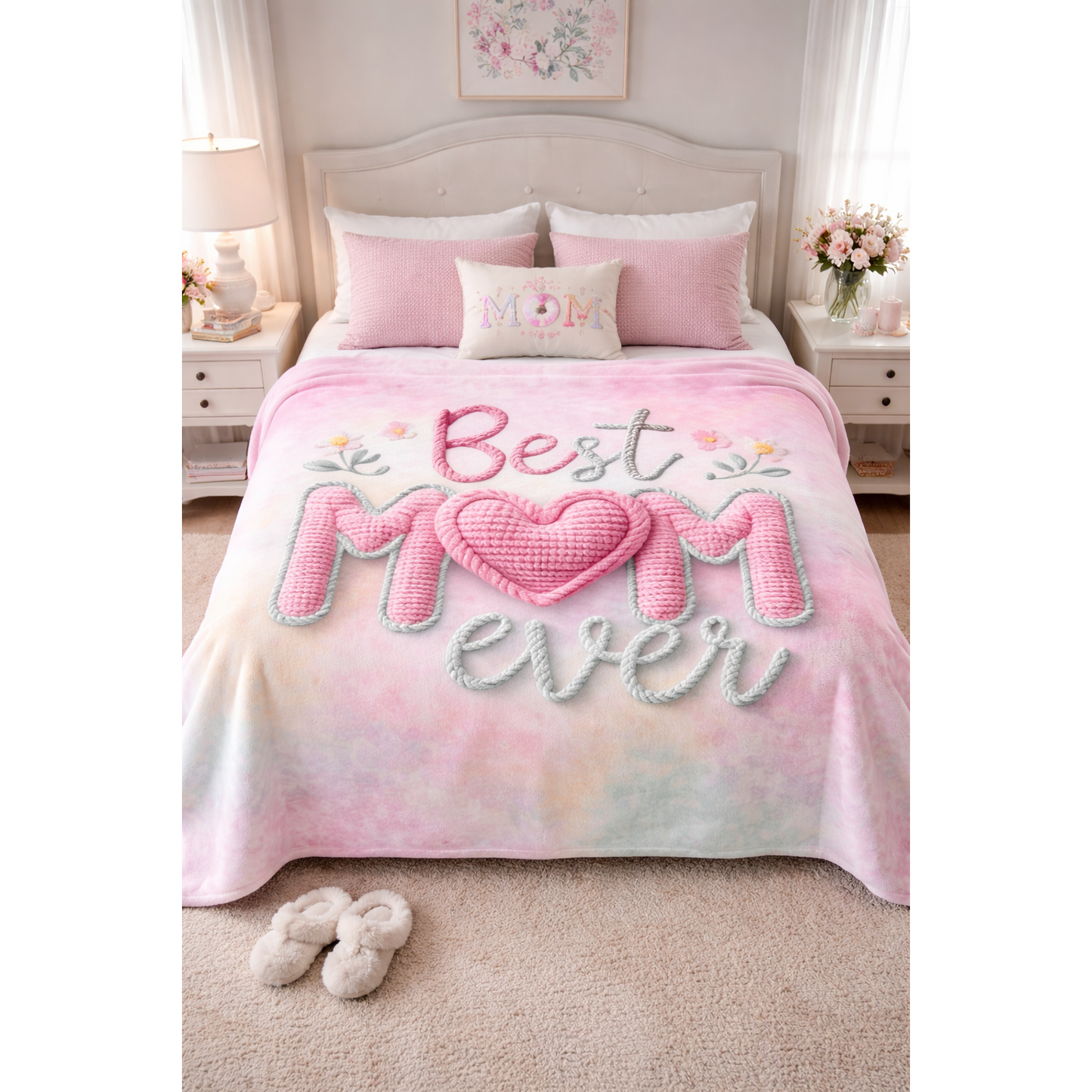 Bed with pink 'Best Mom Ever' blanket in a bedroom setting