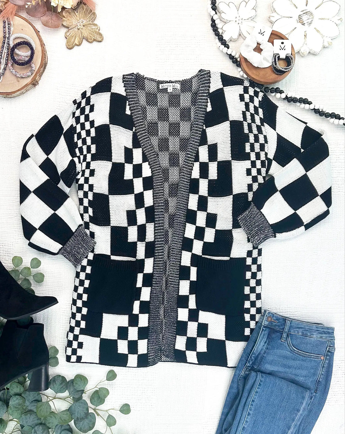 IN STOCK Long Checkered Pocket Cardigan - Black and White by Michelle Mae