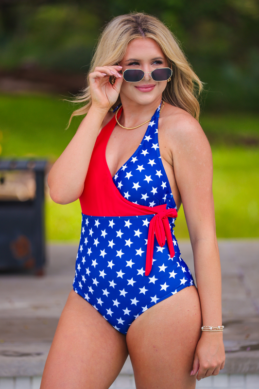 Liberty Wave Halter Swimsuit, Red/Blue by Jess Lea