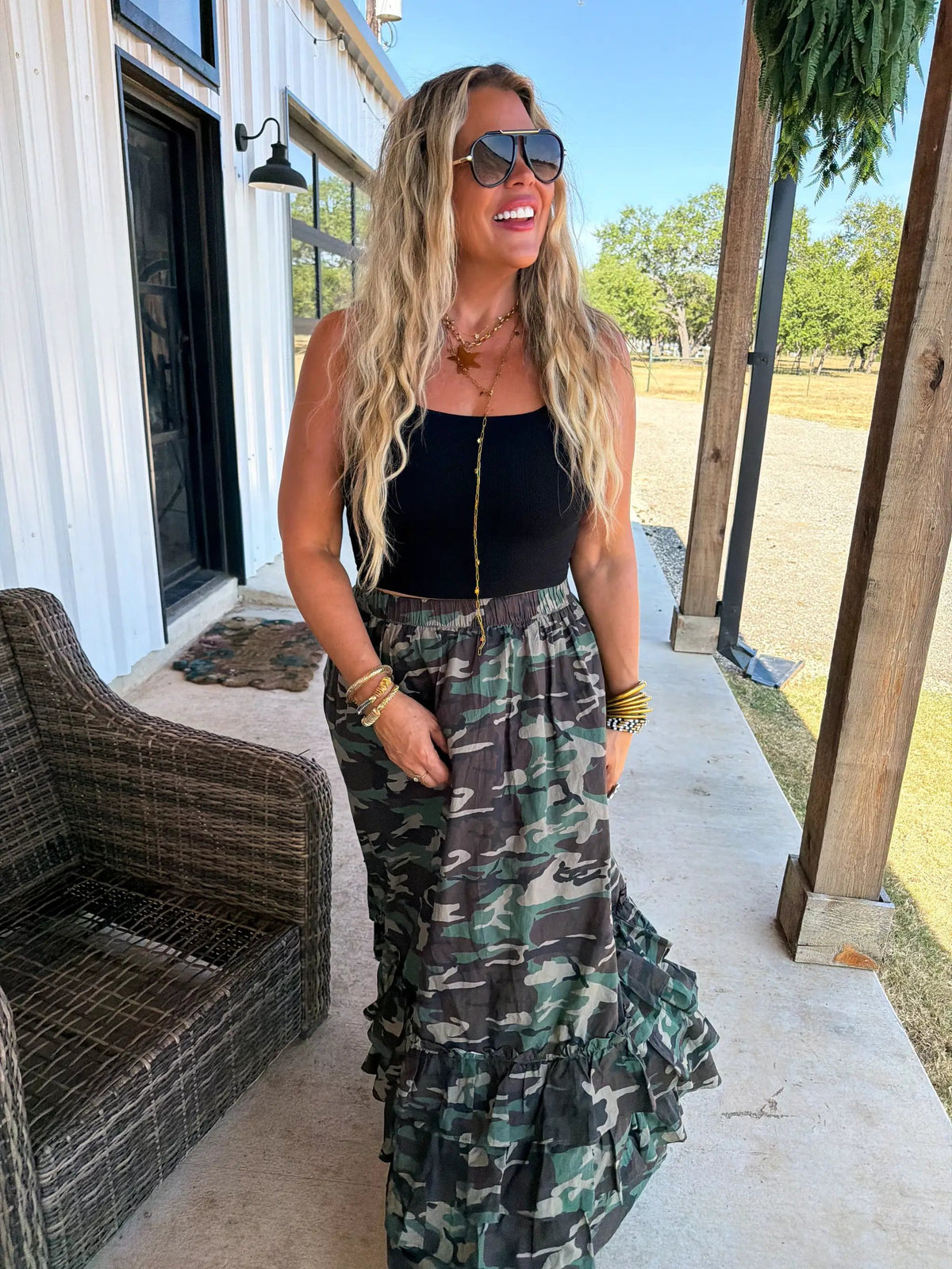PREORDER- HIDDEN GEM CAMO MAXI SKIRT by BLAKELEY
