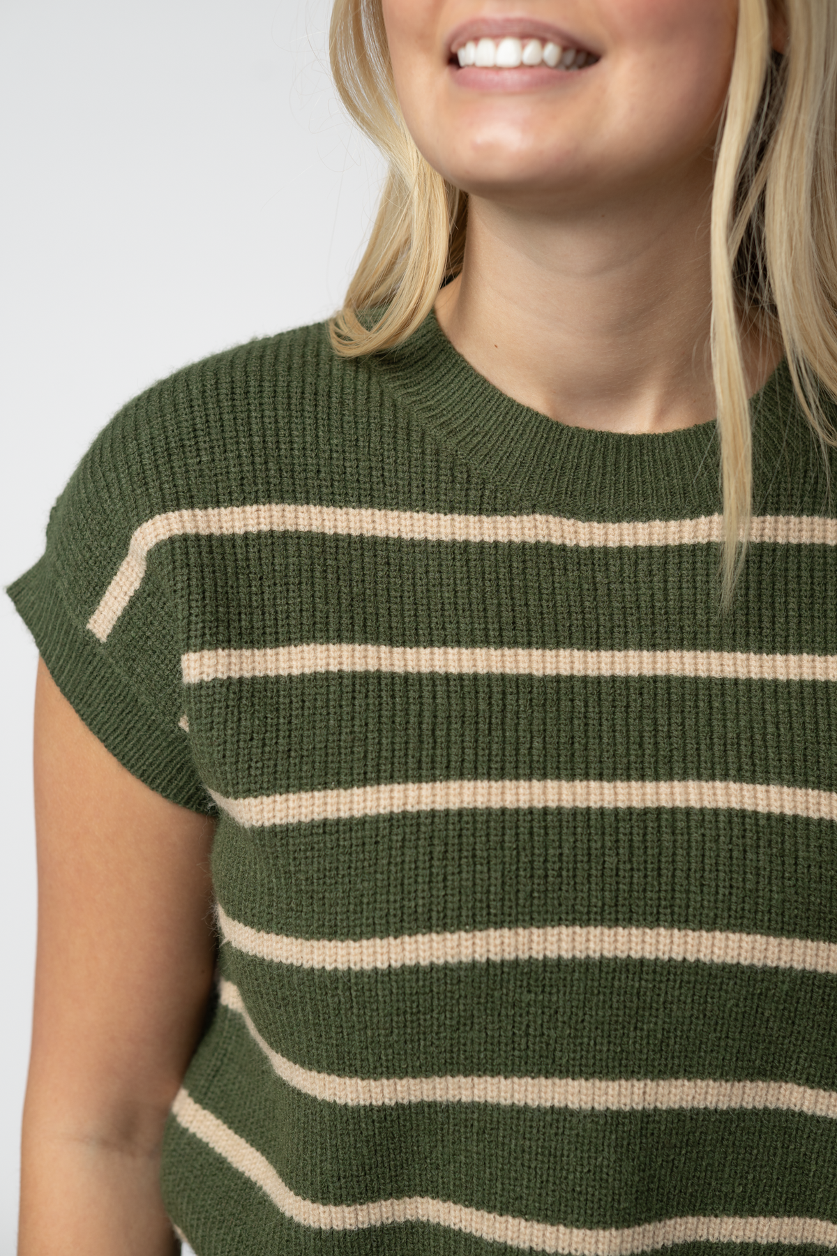 Women Cozy Olive Tan Striped Acrylic Blend Sweater Top