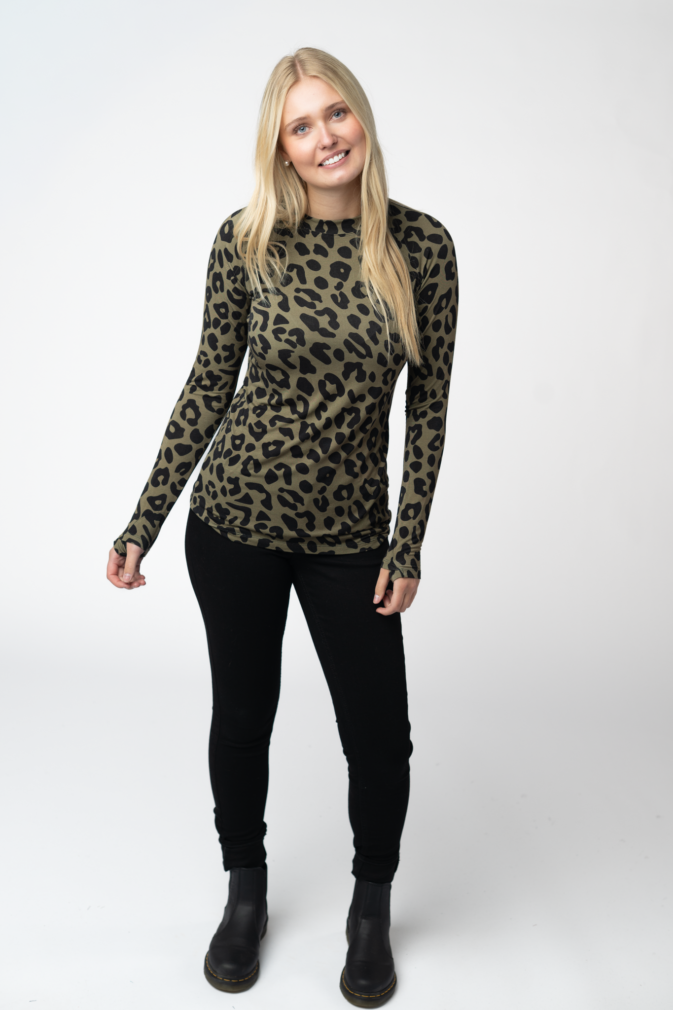 Women Olive Animal Print Long Sleeve Top Fitted High Neck Shirt by Michelle Mae