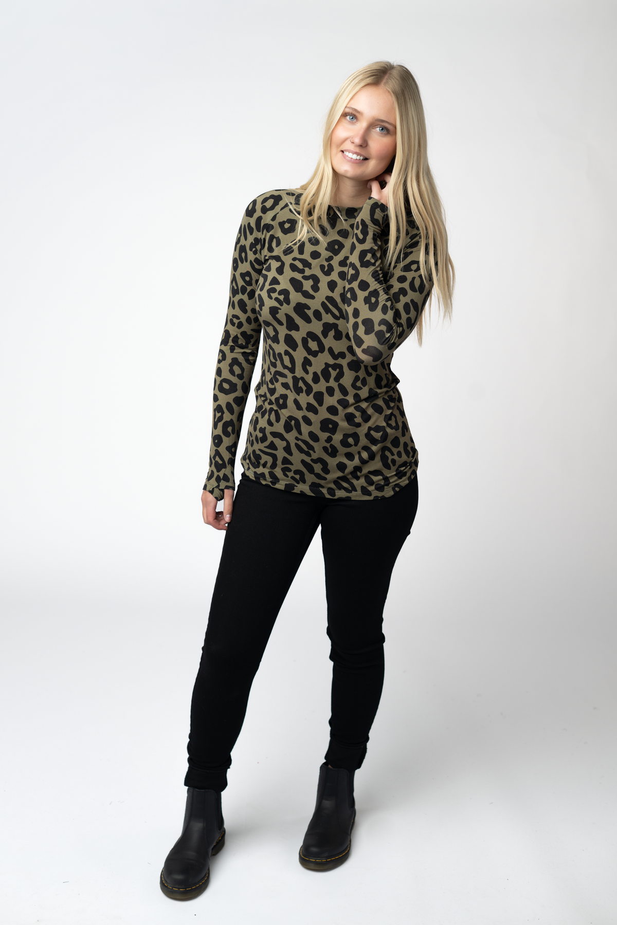 Women Olive Animal Print Long Sleeve Top Fitted High Neck Shirt by Michelle Mae