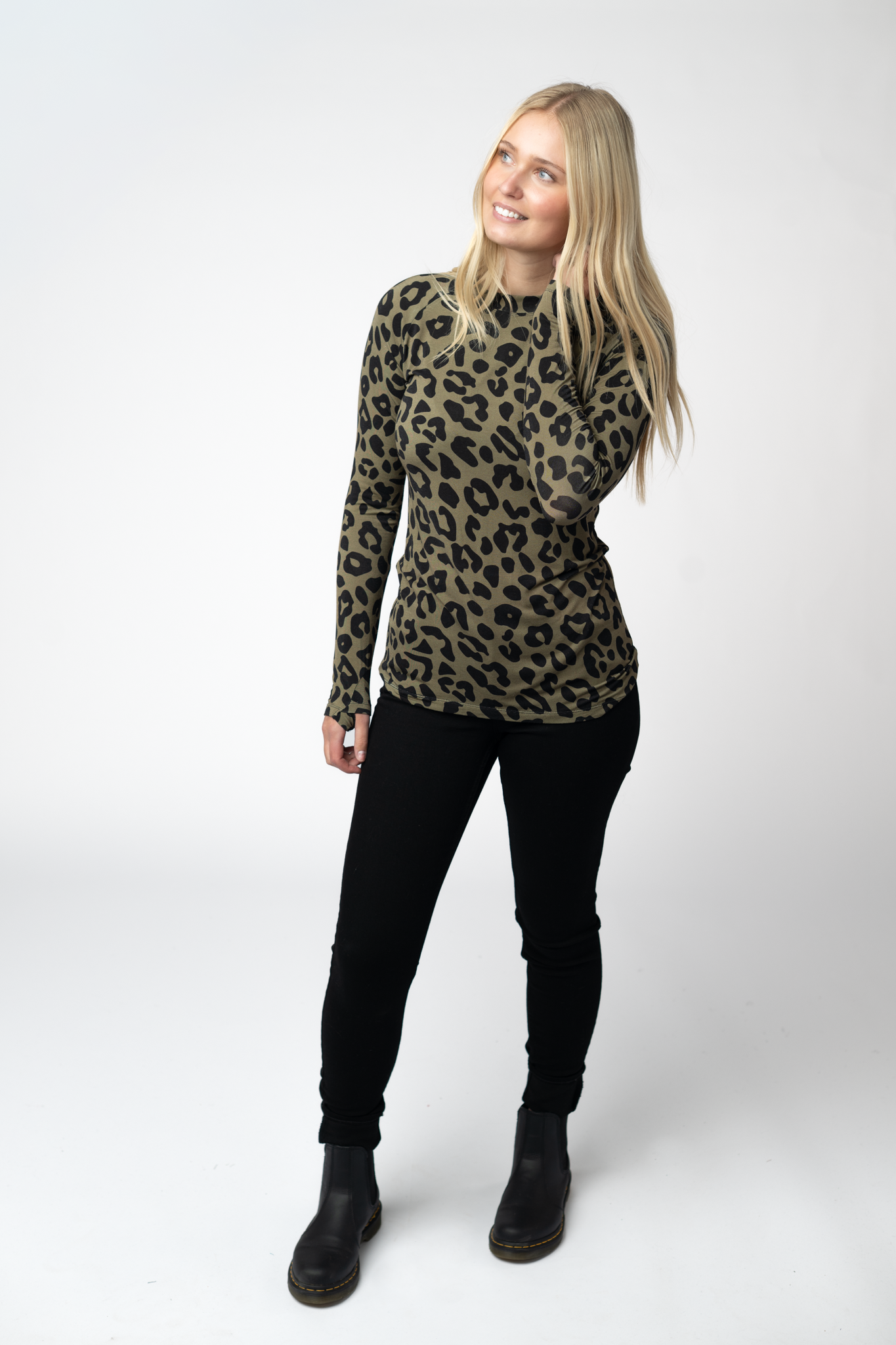 Women Olive Animal Print Long Sleeve Top Fitted High Neck Shirt by Michelle Mae