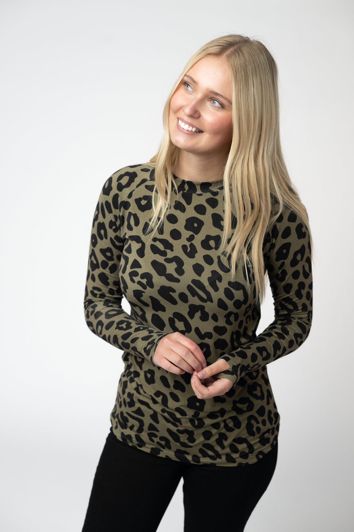 Women Olive Animal Print Long Sleeve Top Fitted High Neck Shirt by Michelle Mae