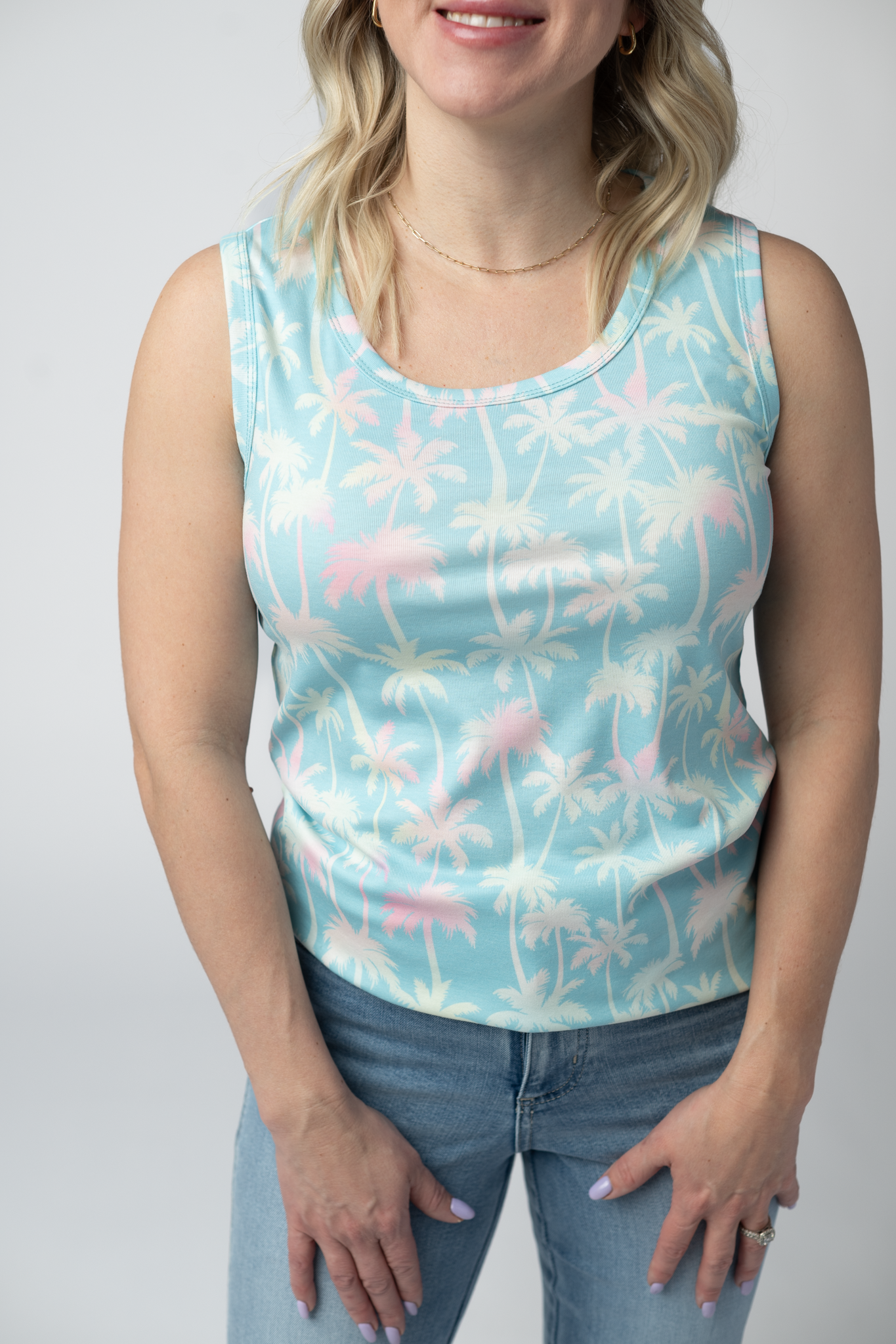 Aqua Palm Print Summer Tank Top Women Lightweight Soft Casual Resort Beachwear