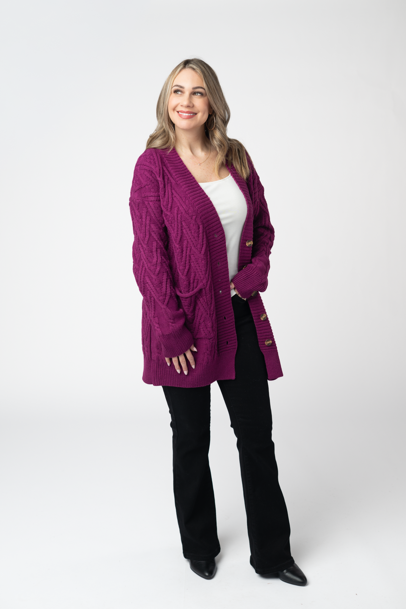 Brooks Button Sweater Cardigan In Magenta With Soft Fabric And Cozy Pockets
