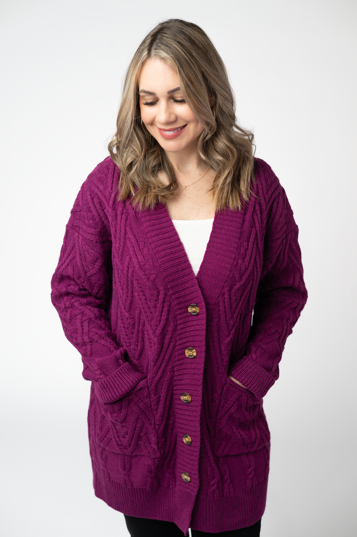 Brooks Button Sweater Cardigan In Magenta With Soft Fabric And Cozy Pockets