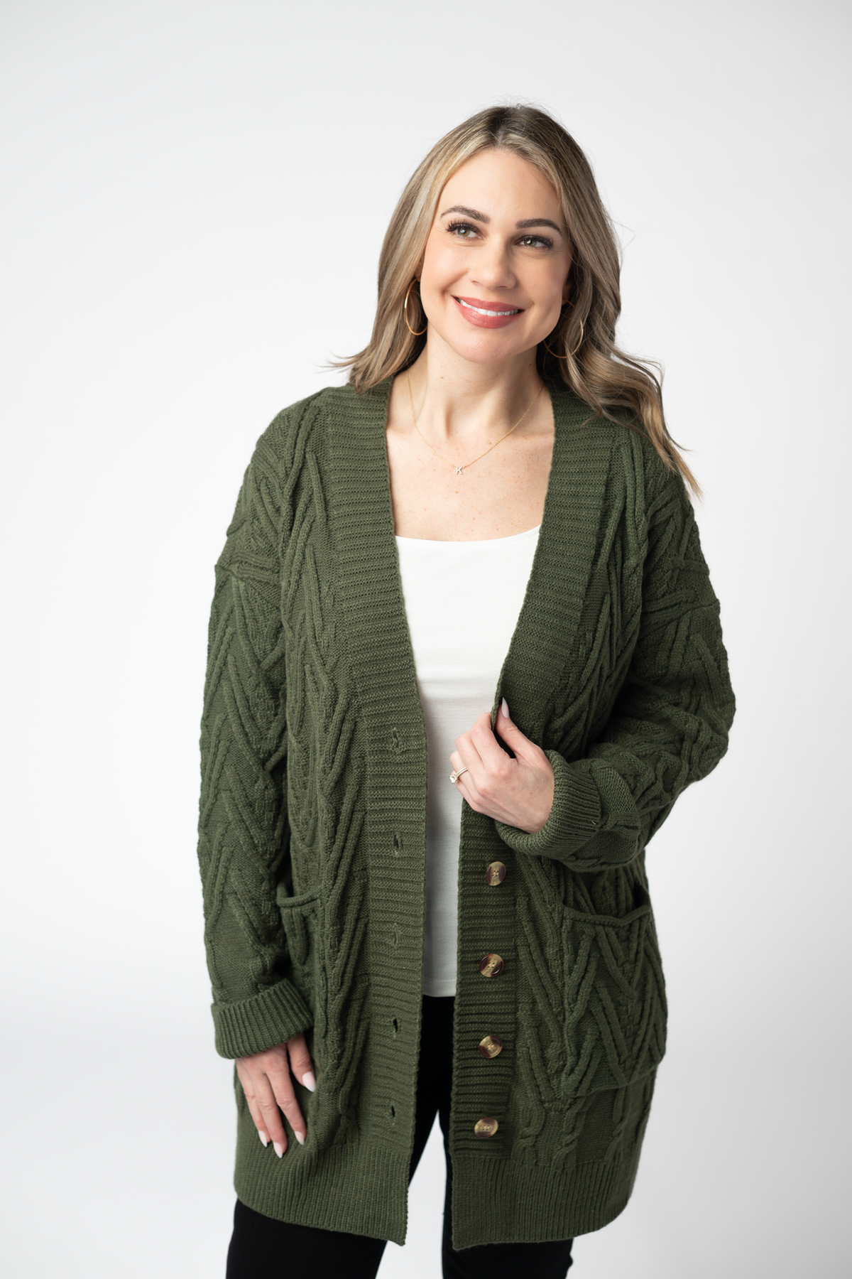 Brooks Olive Button Front Cardigan Sweater Soft Acrylic Knit With Pockets
