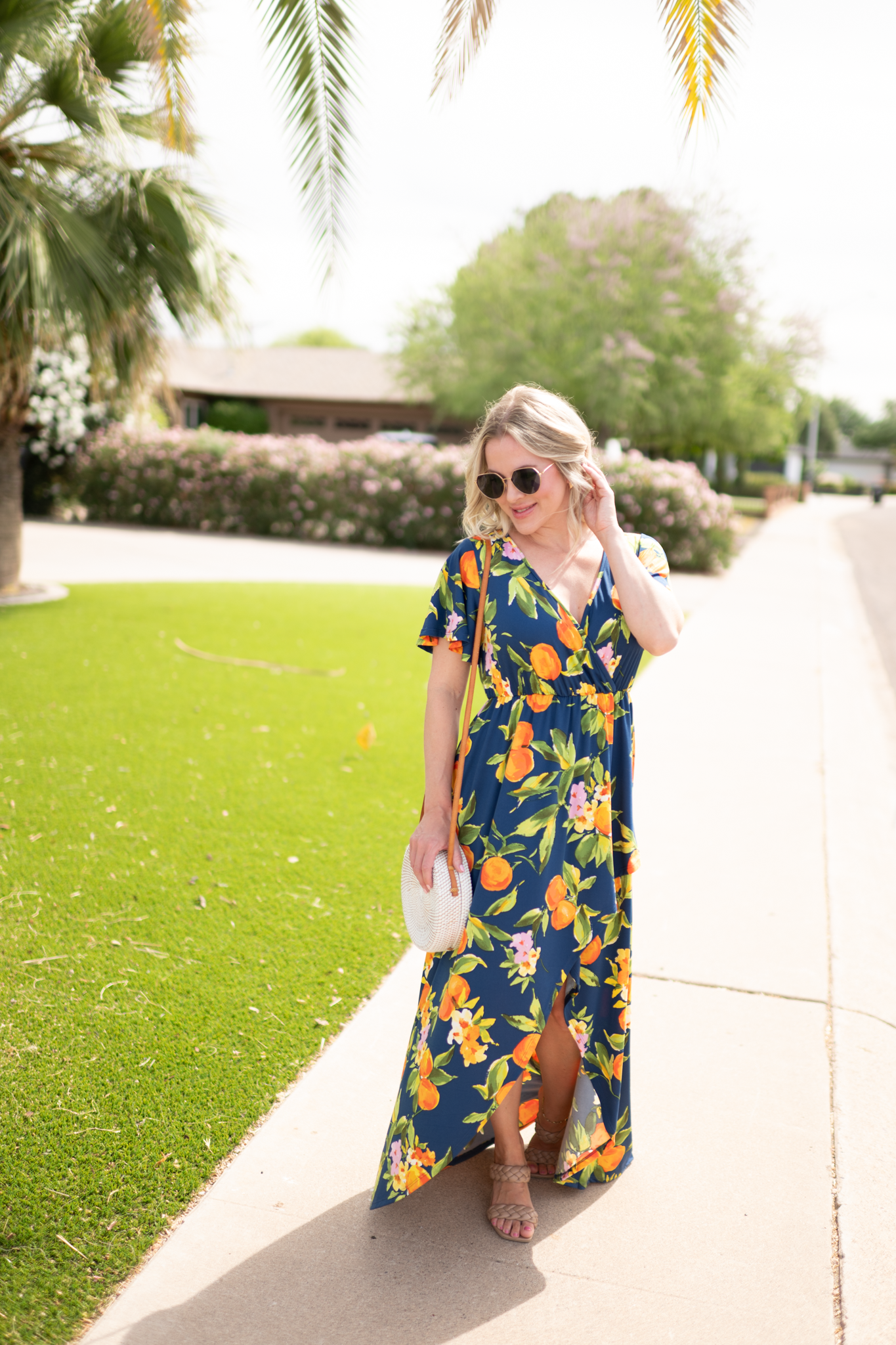 Harley Navy Citrus High Low Dress With Crossover Neckline And Pockets