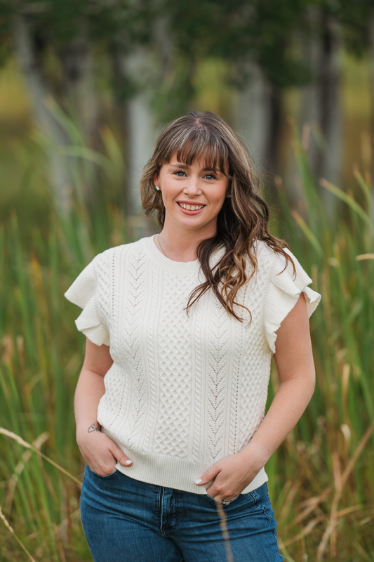Felicity Ivory Flutter Sleeve Sweater Top For Business Casual by Michelle Mae