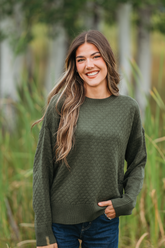 Gianna Cozy Pullover Sweater Olive Crew Neck Fashion Top by Michelle Mae