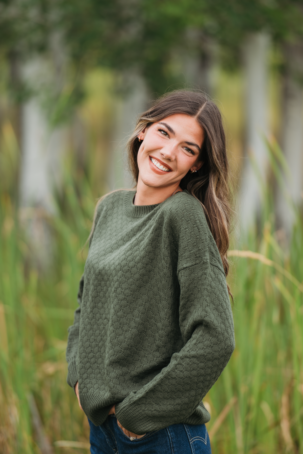 Gianna Cozy Pullover Sweater Olive Crew Neck Fashion Top by Michelle Mae