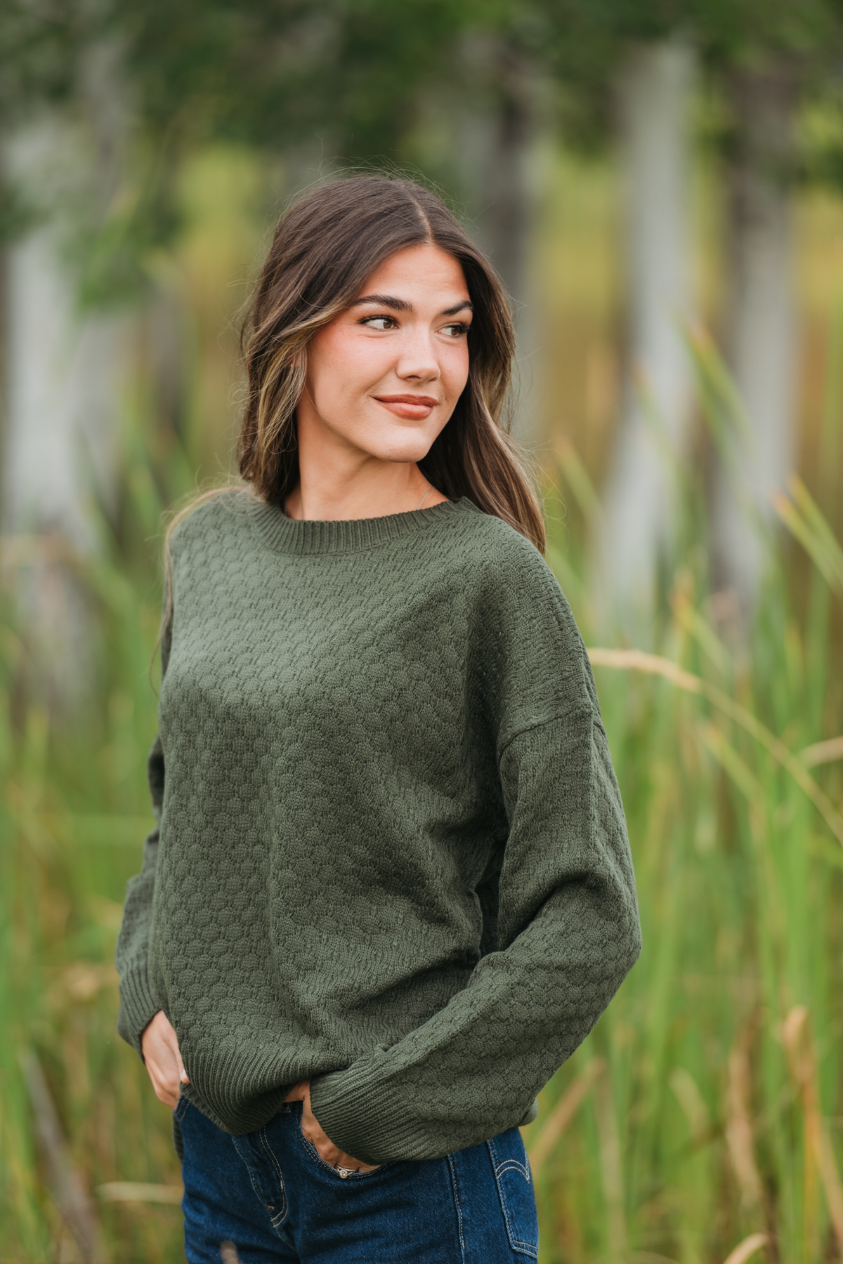 Gianna Cozy Pullover Sweater Olive Crew Neck Fashion Top by Michelle Mae