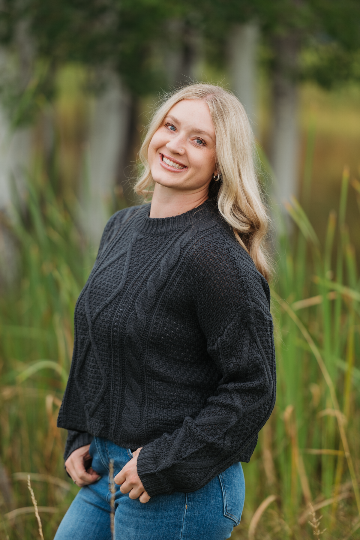 Classic Charcoal Cable Knit Sweater With Crew Neck For Layering by Michelle Mae