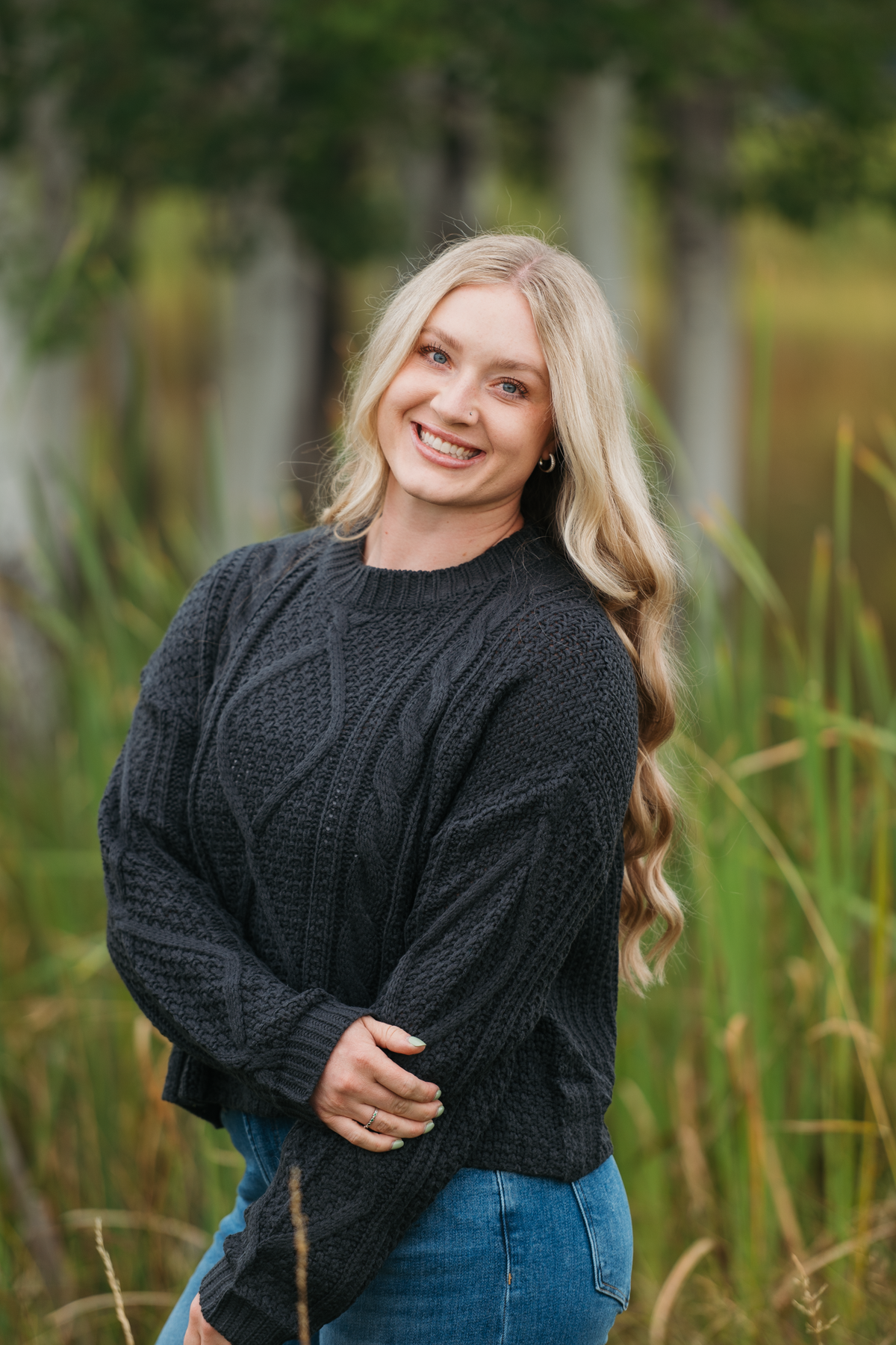 Classic Charcoal Cable Knit Sweater With Crew Neck For Layering by Michelle Mae