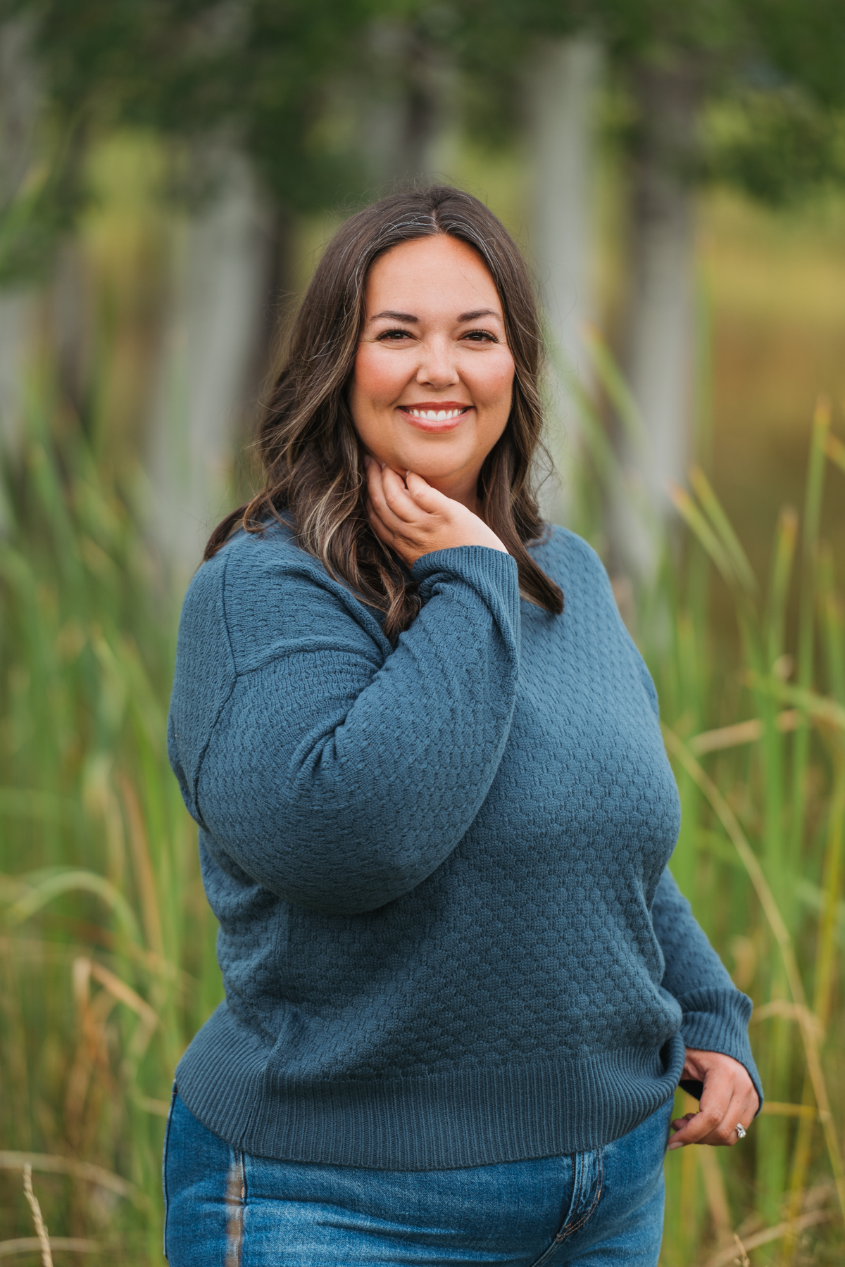 Gianna Teal Crew Neck Pullover Sweater With Fun Pattern by Michelle Mae