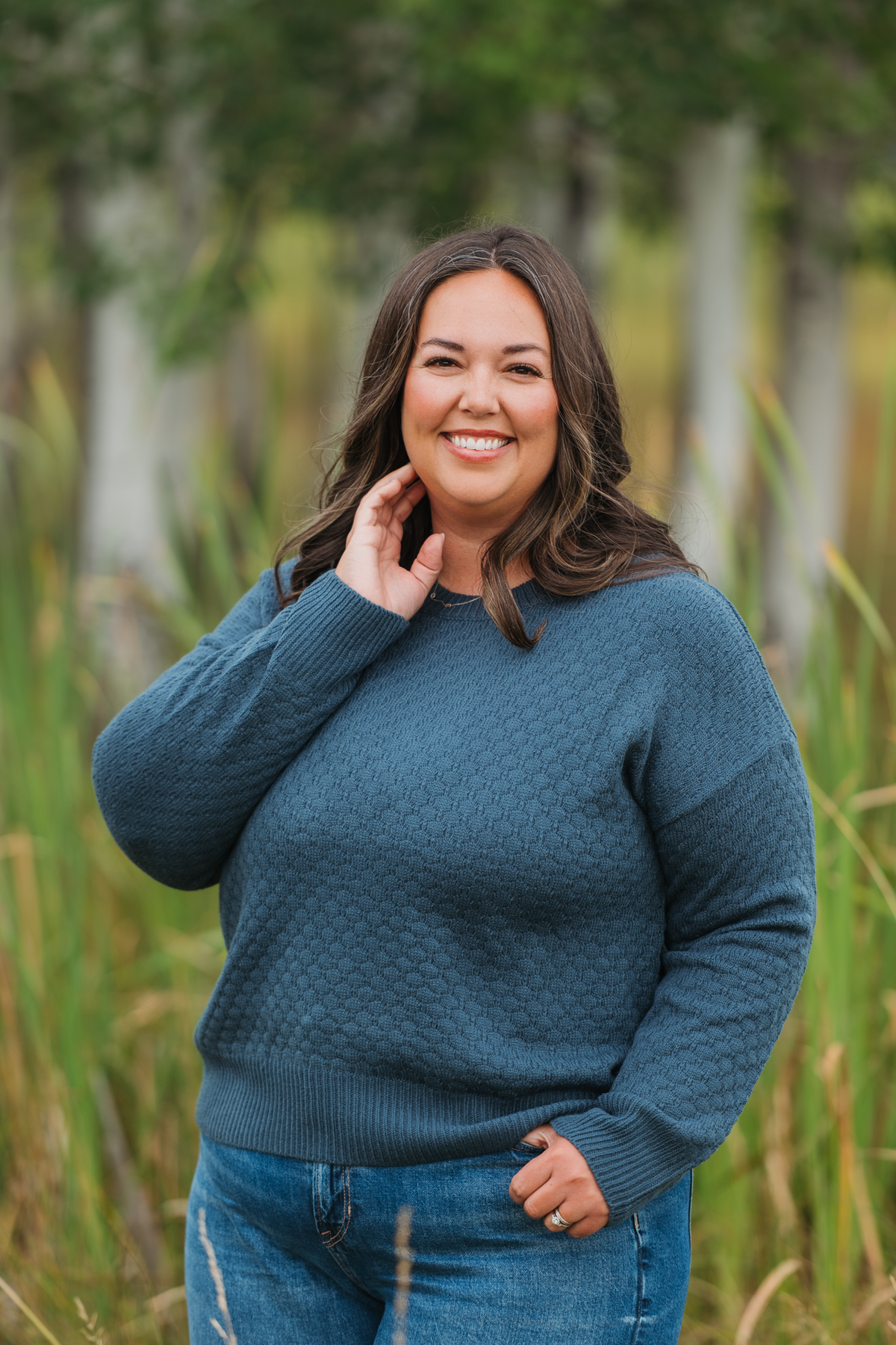 Gianna Teal Crew Neck Pullover Sweater With Fun Pattern by Michelle Mae