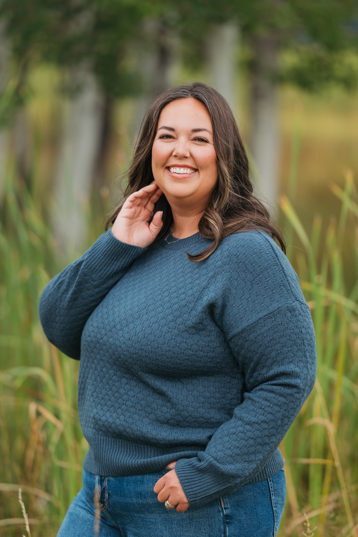 Gianna Teal Crew Neck Pullover Sweater With Fun Pattern by Michelle Mae