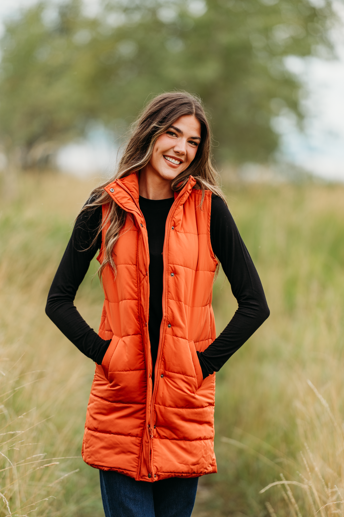 Harlow Long Vest Dual Pockets Pumpkin Zipper Button Outerwear by Michelle Mae