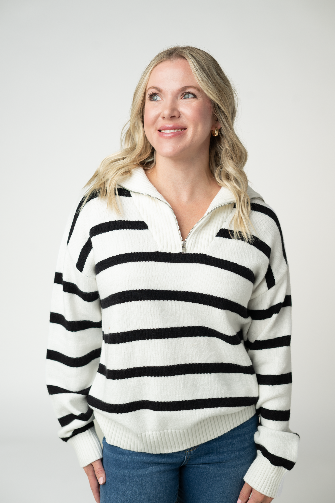 IN STOCK Quarter Zip Striped Pullover - Black and White by Michelle Mae