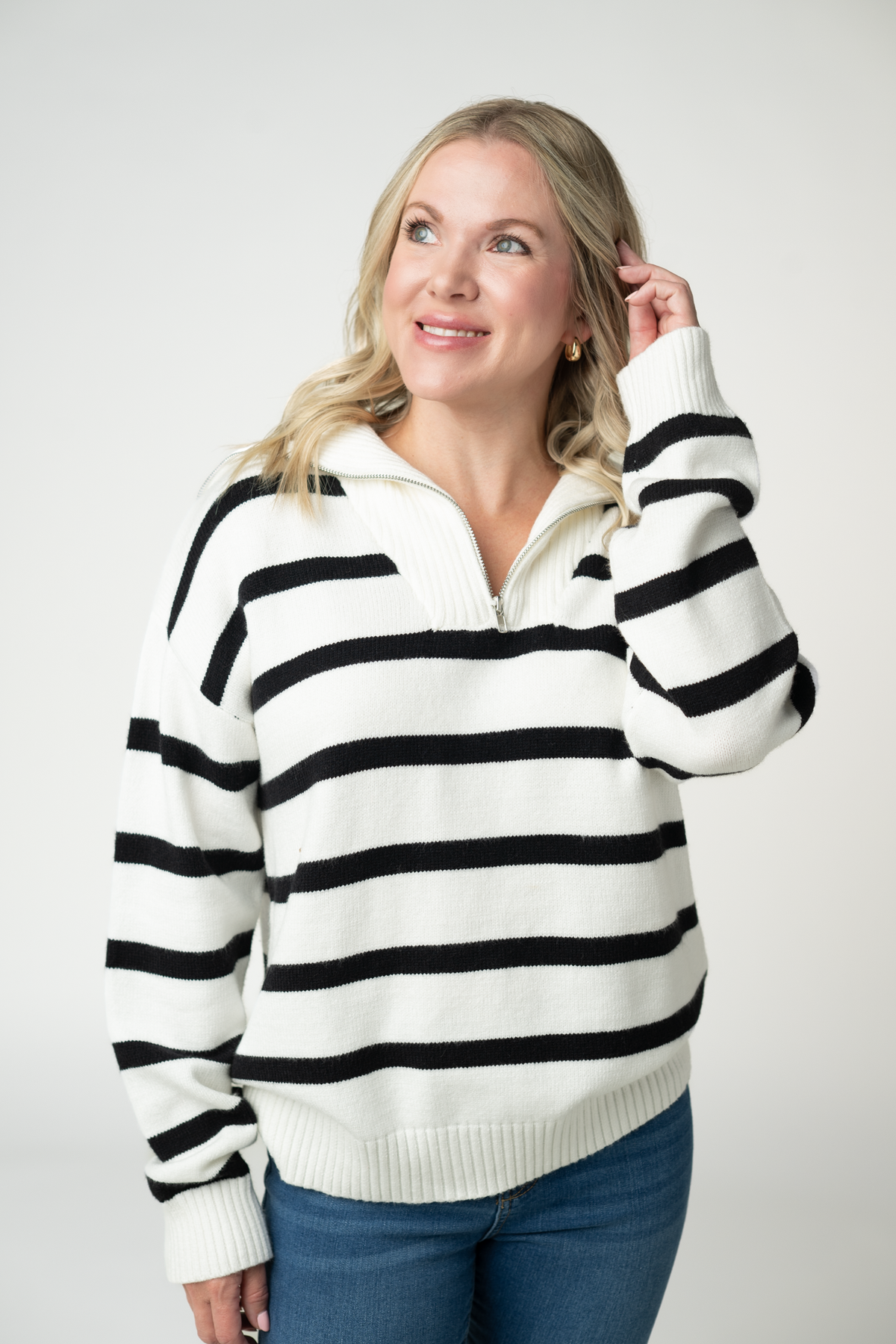 IN STOCK Quarter Zip Striped Pullover - Black and White by Michelle Mae