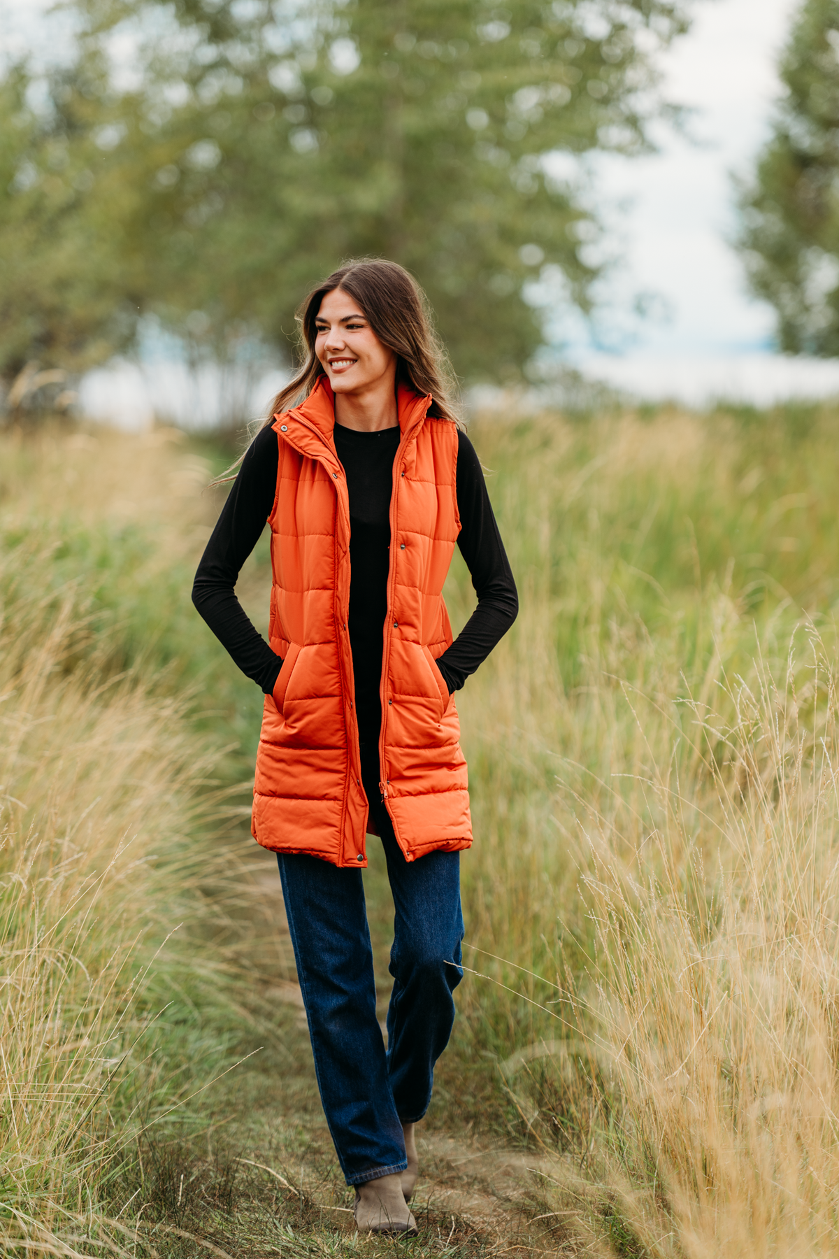 Harlow Long Vest Dual Pockets Pumpkin Zipper Button Outerwear