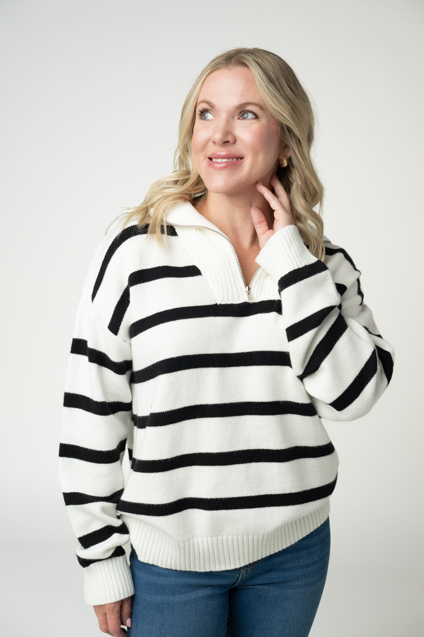 IN STOCK Quarter Zip Striped Pullover - Black and White by Michelle Mae
