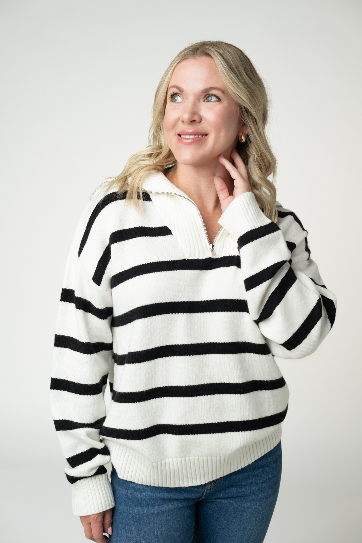 IN STOCK Quarter Zip Striped Pullover - Black and White by Michelle Mae