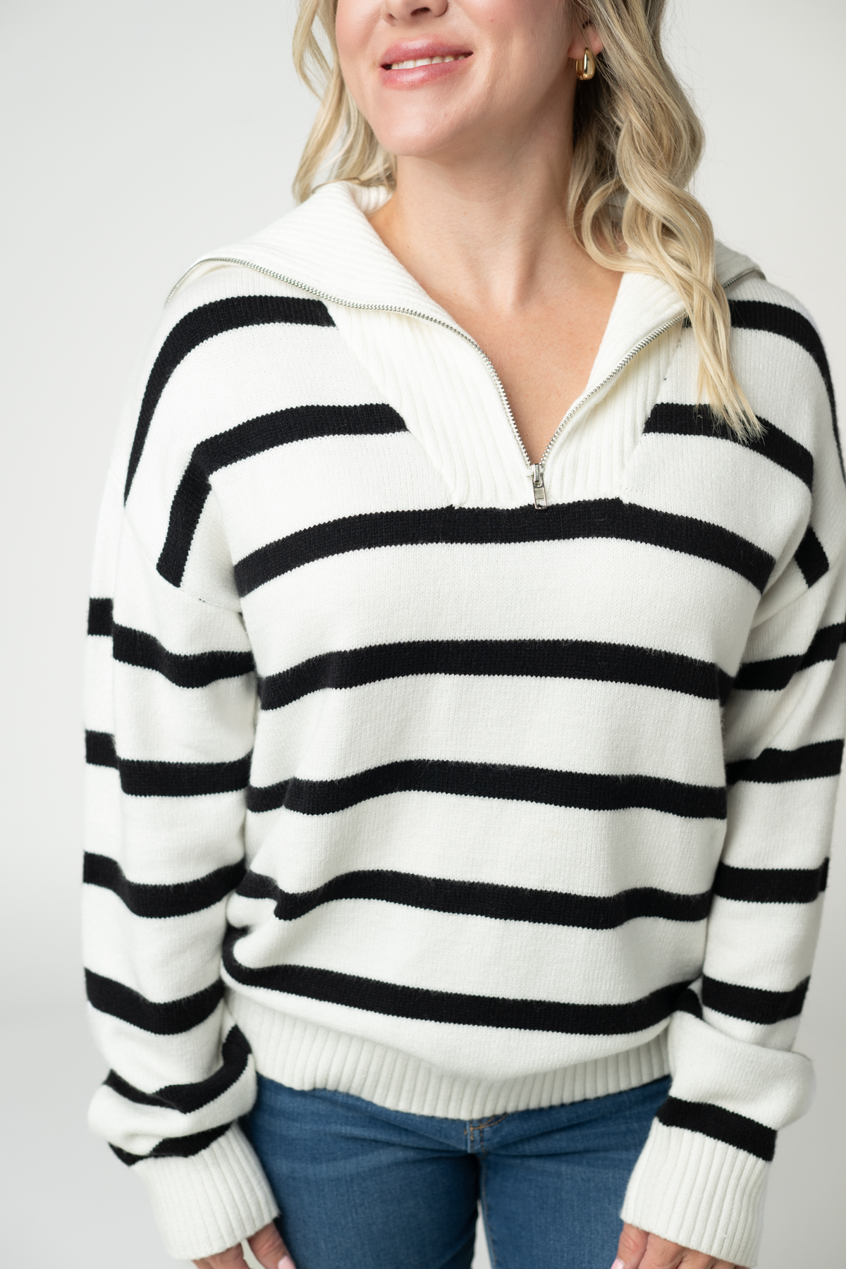 IN STOCK Quarter Zip Striped Pullover - Black and White by Michelle Mae