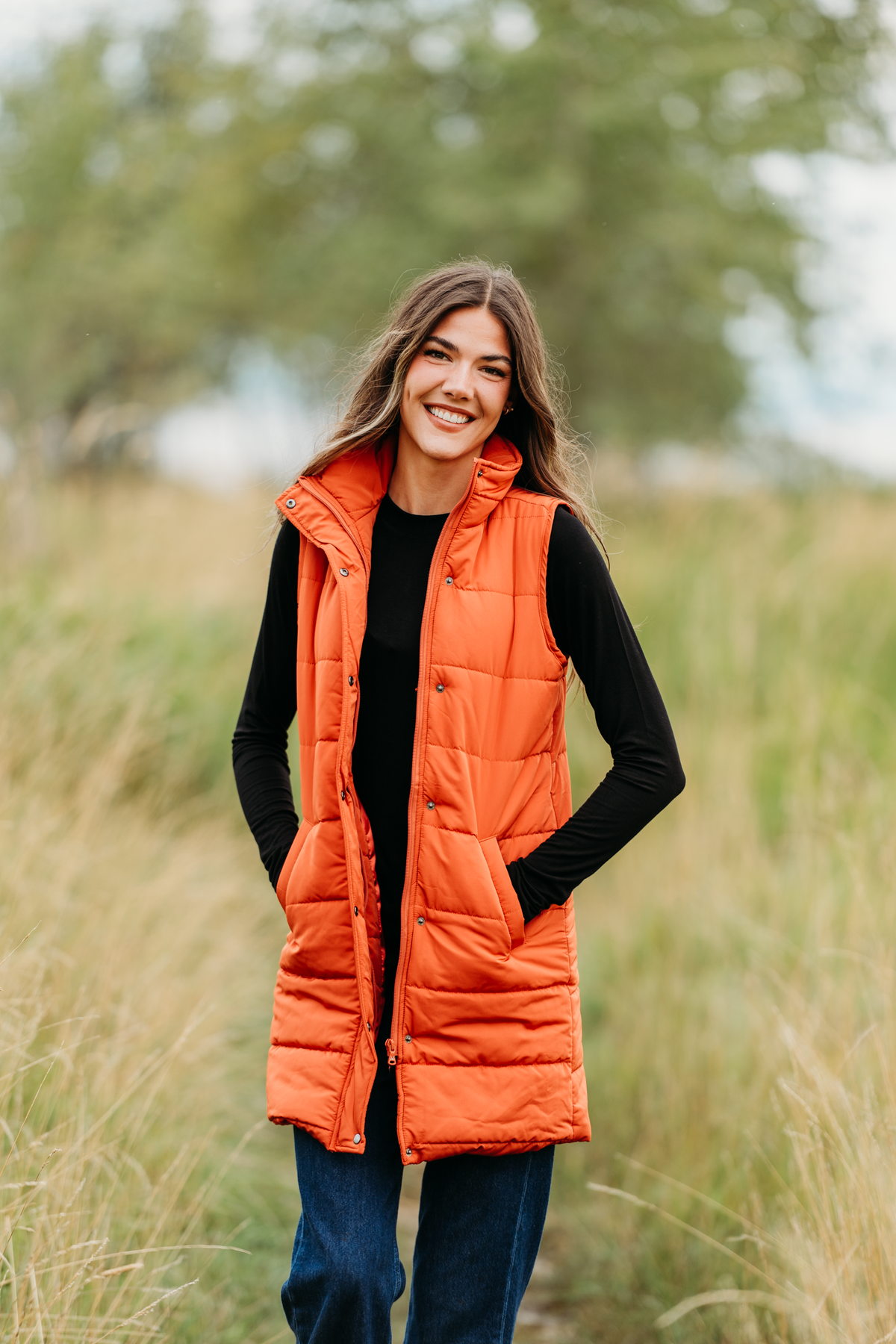 Harlow Long Vest Dual Pockets Pumpkin Zipper Button Outerwear by Michelle Mae