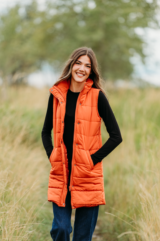 Harlow Long Vest Dual Pockets Pumpkin Zipper Button Outerwear by Michelle Mae