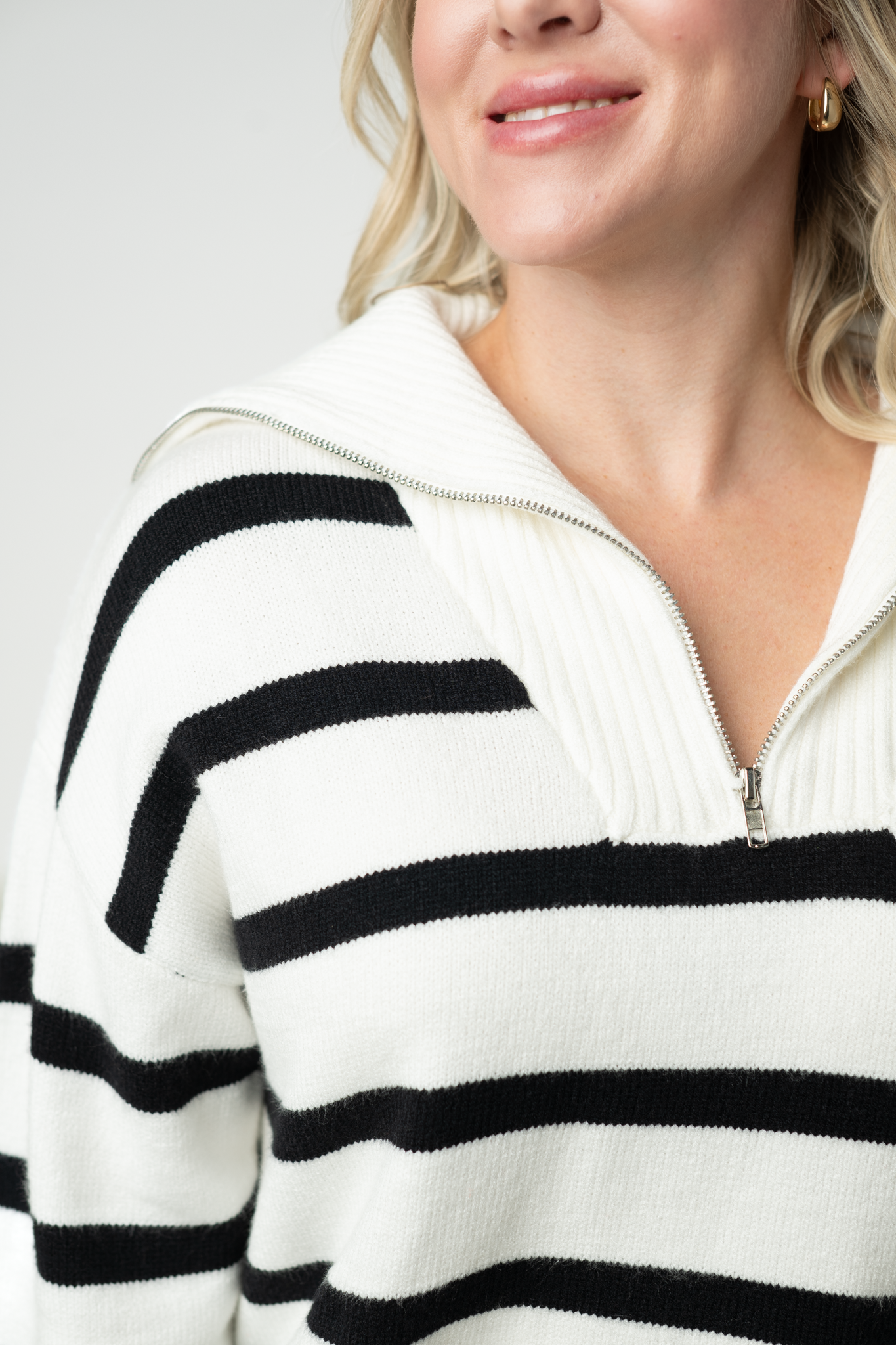 IN STOCK Quarter Zip Striped Pullover - Black and White by Michelle Mae
