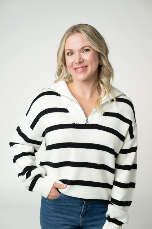 Quarter Zip Striped Pullover - Black and White by Michelle Mae