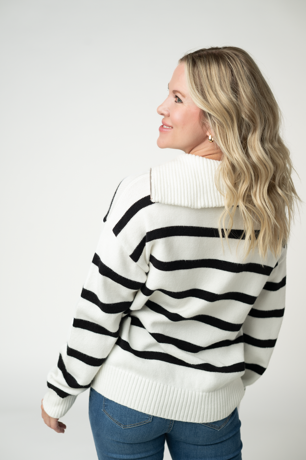 IN STOCK Quarter Zip Striped Pullover - Black and White by Michelle Mae