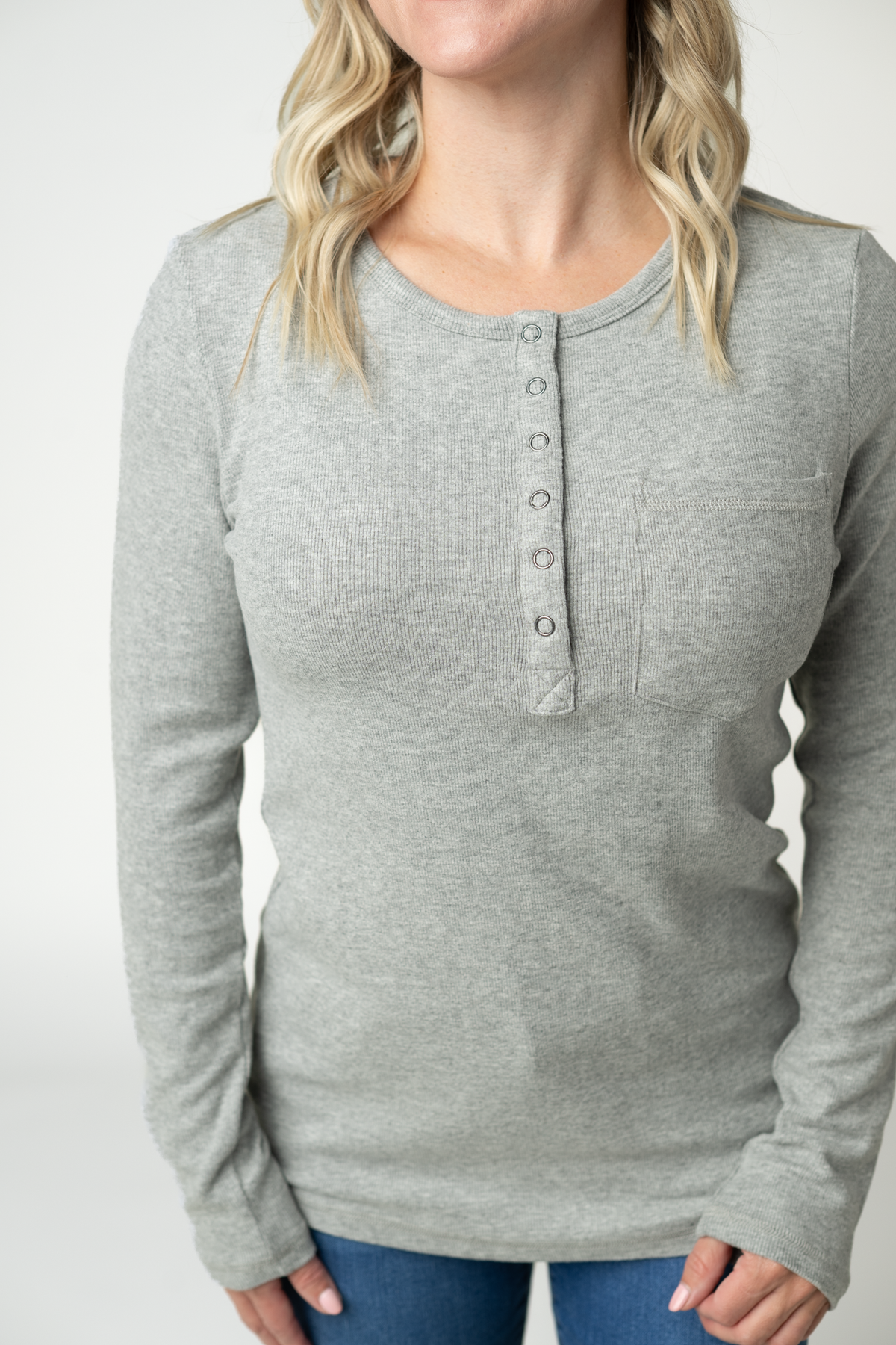 Georgia Soft Long Sleeve Henley Top Light Grey With Chest Pocket