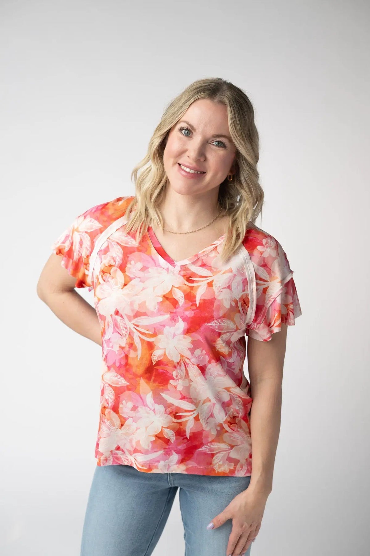 Raelynn Women V Neck Top Sunset Tropical Floral Ruffle Sleeve by Michelle Mae