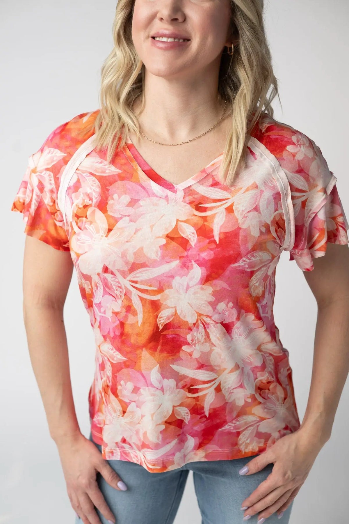 Raelynn Women V Neck Top Sunset Tropical Floral Ruffle Sleeve by Michelle Mae