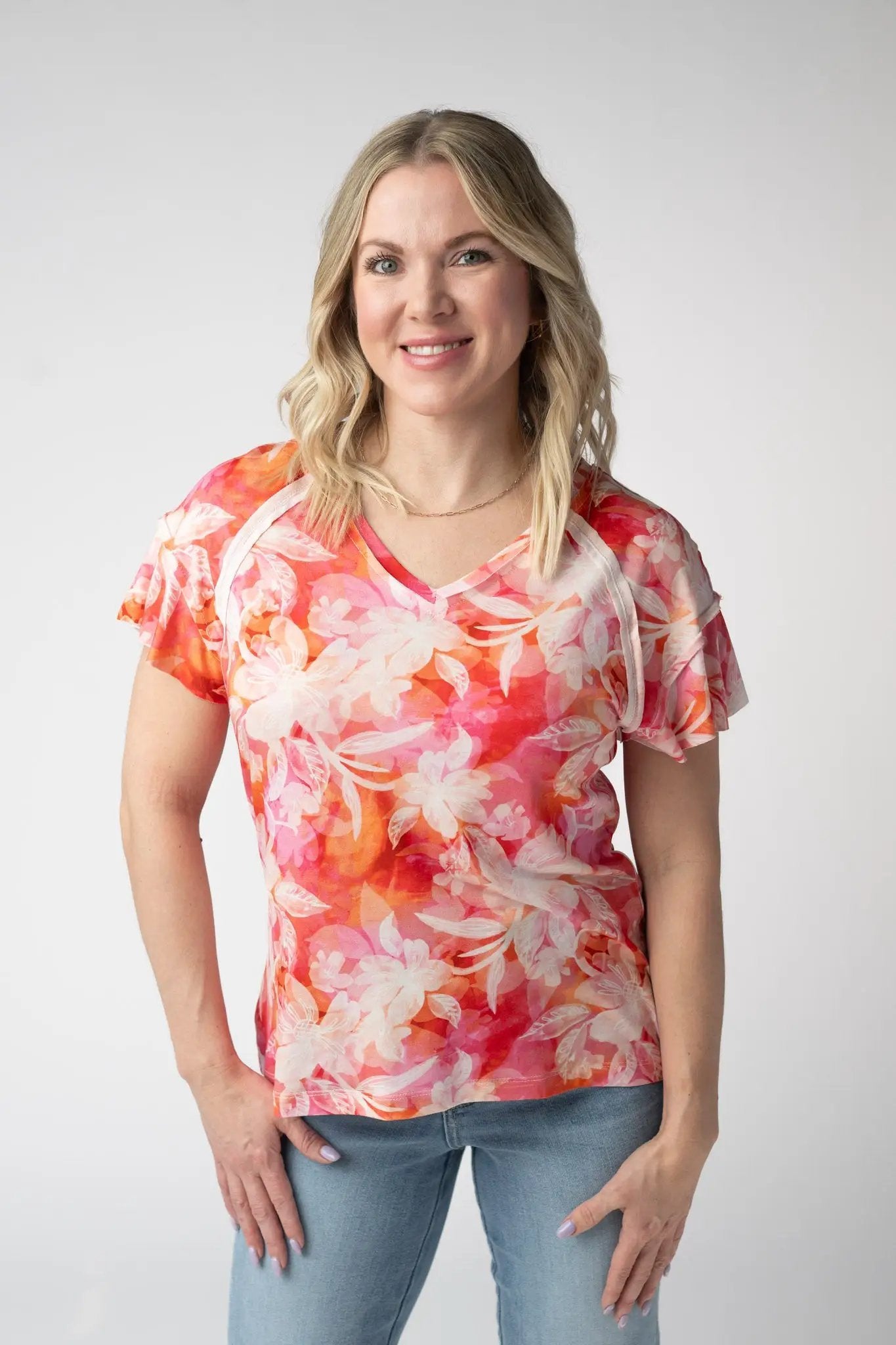 Raelynn Women V Neck Top Sunset Tropical Floral Ruffle Sleeve by Michelle Mae