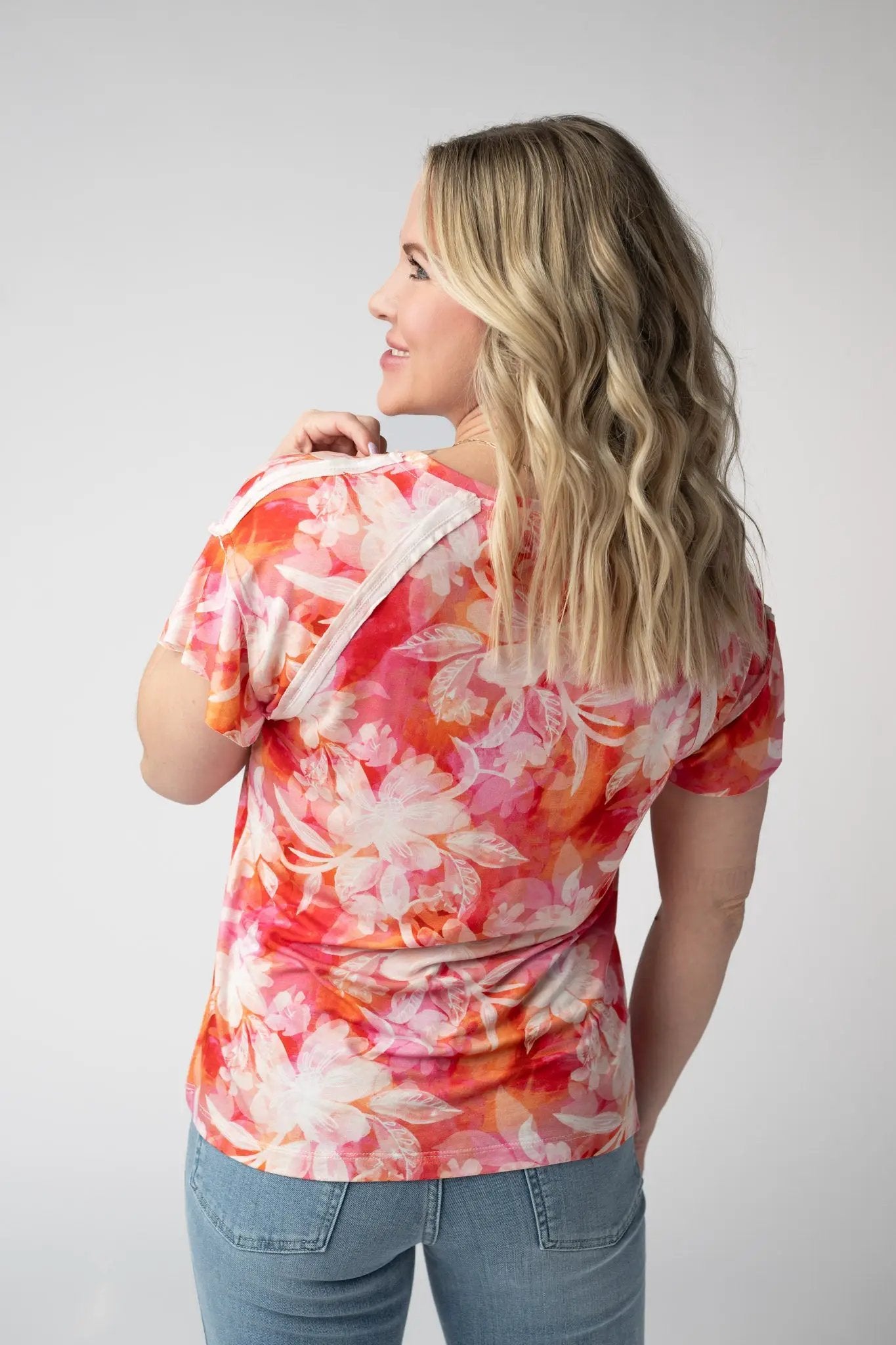 Raelynn Women V Neck Top Sunset Tropical Floral Ruffle Sleeve by Michelle Mae