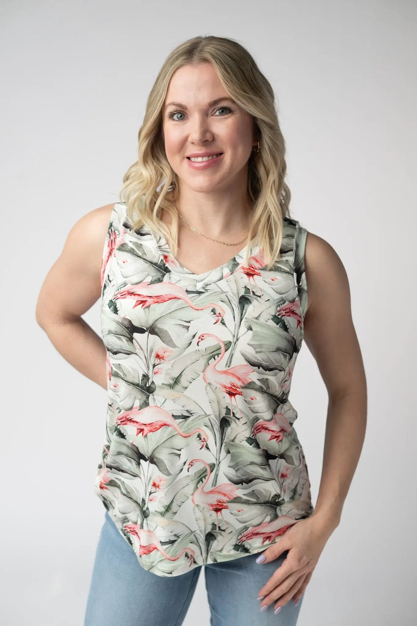 Womens Noelle Tank In Flamingo Pattern Rayon Blend For Casual Summer Daywear