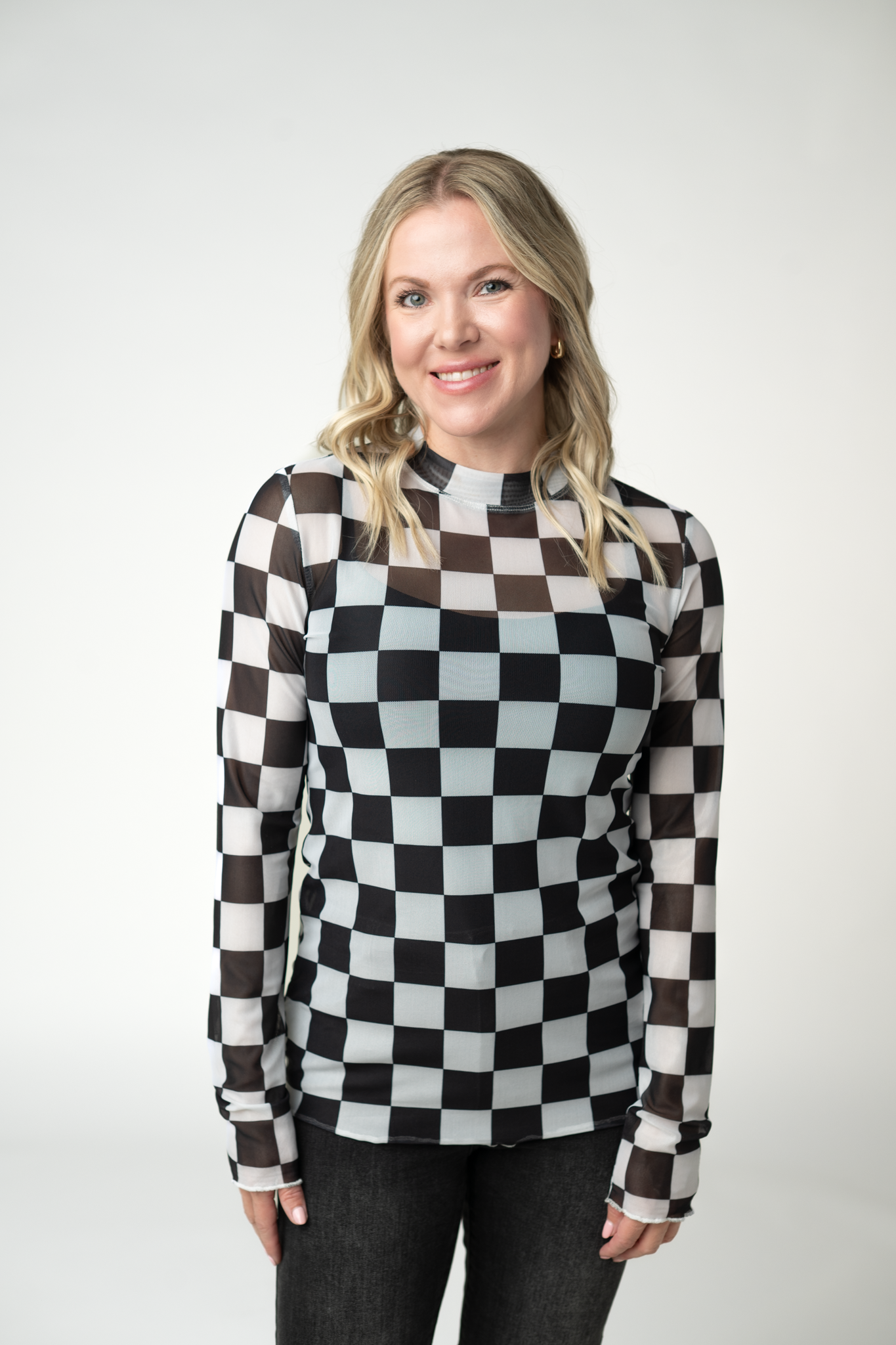 Blair Mesh Long Sleeve Top - Black and White Checkers by Michelle Mae