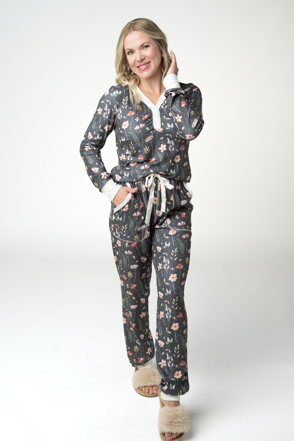 Cozy Wildflower Pajama Set Long Sleeve Henley Brushed Soft Sleepwear