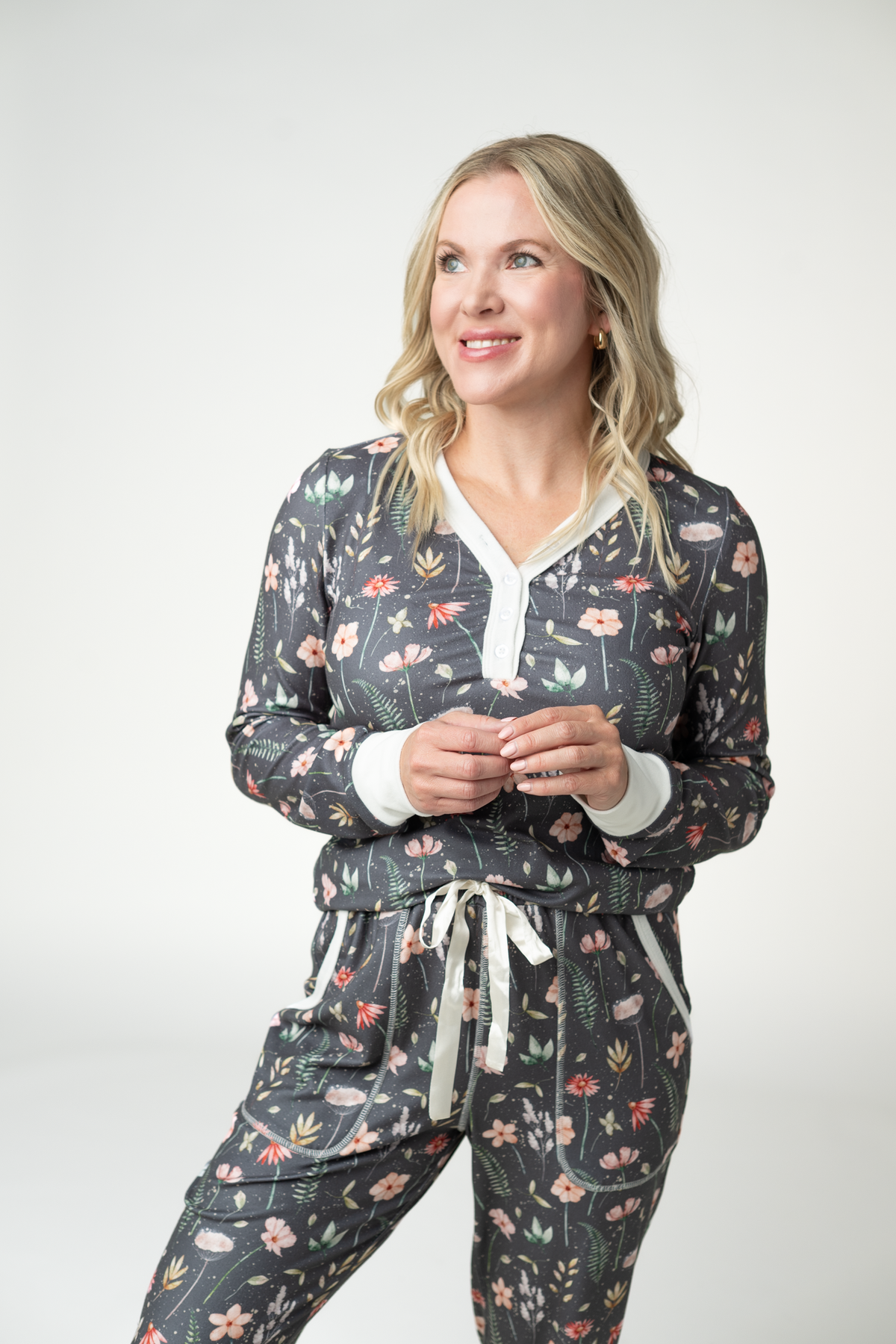 Cozy Wildflower Pajama Set Long Sleeve Henley Brushed Soft Sleepwear