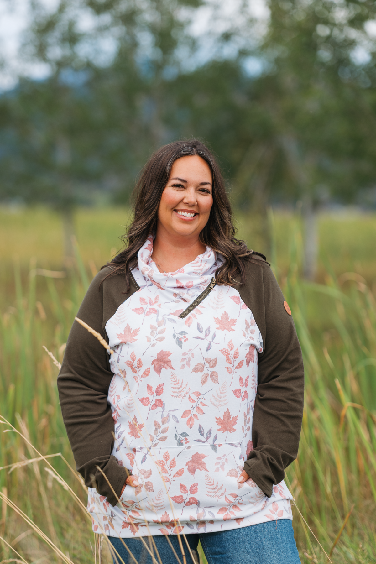 Classic Zoey ZipCowl Fall Sweatshirt Autumn Leaves Print Olive Long Sleeve by Michelle Mae
